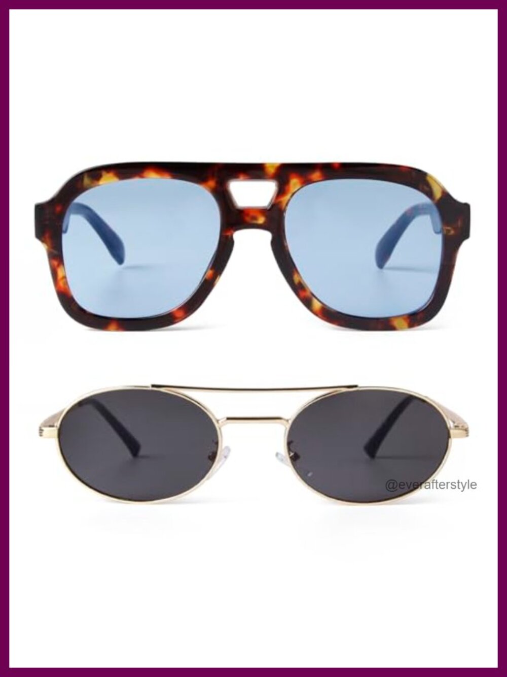 2pc Square Aviator Sunglasses Set Blue Lens & Gold Metal Oval